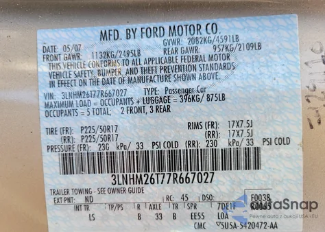 2007 Lincoln Mkz from USA, damaged, VIN 3LNHM26T77R667027